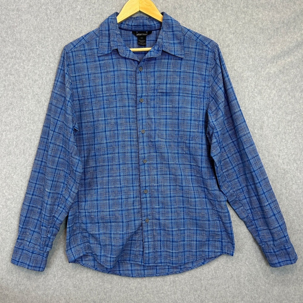 Marmot Button Down Plaid Shirt Blue Long Sleeve Outdoor Casual Travel Mens Small